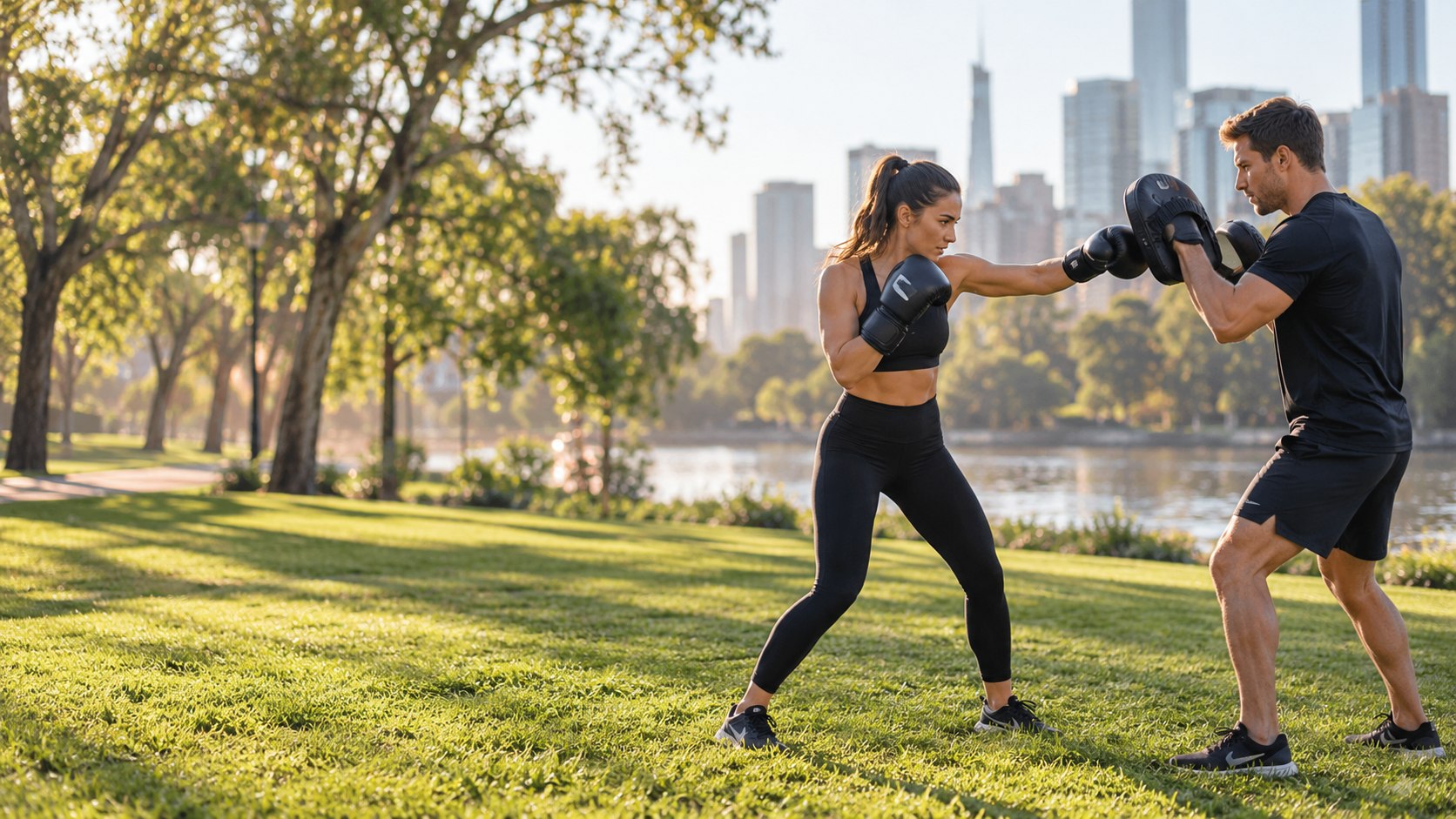 Outdoor boxing pad training with a personal trainer in a Melbourne riverside park